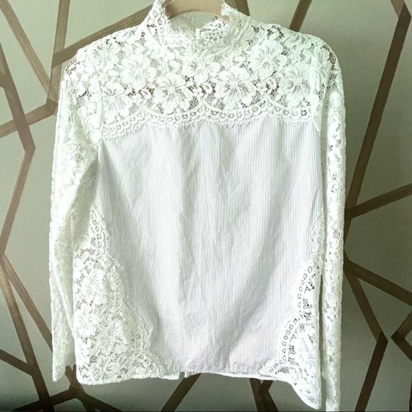 SANDRO | 🤍 White Lace Mock Neck Blouse w/ Thin Pinstripe Panel | Size 1 (Small) - Picture 6 of 16